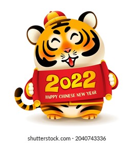 Cute tiger with traditional costume hold Chinese scroll 2022. Chinese New Year. The year of the tiger. 