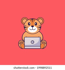 Cute tiger using laptop. Animal cartoon concept isolated. Can used for t-shirt, greeting card, invitation card or mascot.