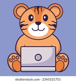 Cute tiger using laptop. Animal cartoon concept isolated. Can used for t-shirt, greeting card, invitation card or mascot