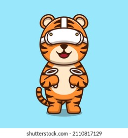 Cute tiger using virtual reality headset cartoon icon illustration. Animal technology mascot character concept isolated vector. Flat cartoon style