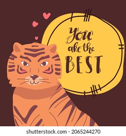 süße Tiger-Vektorkarte. Handgezeichnete Illustration mit Tiger und Schrift. Farbiger Hintergrund, Vektorgrafik. Plakatdesign mit Muzzle von Tieren. Tiger, Karte. Dekorativer, süßer Hintergrund, gut zum Drucken