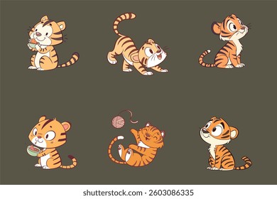 Cute tiger vector collection, cute tiger playing, cute tiger eating isolated on white background. icon set