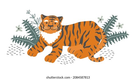 Cute tiger. Vector hand-drawn childish illustration perfect for poster, print or card. Tropical plants and flowers