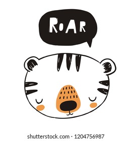 Cute tiger vector illustration. Hand drawn cute print for posters, cards, t-shirts. 
