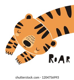 Cute tiger vector illustration. Hand drawn cute print for posters, cards, t-shirts. 