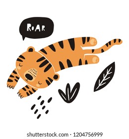 Cute tiger vector illustration. Hand drawn cute print for posters, cards, t-shirts. 
