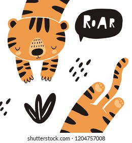 Cute tiger vector illustration. Hand drawn cute print for posters, cards, t-shirts. 