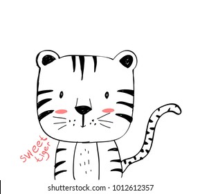 Vector de ilustración de dibujo manual del tigre dulce.