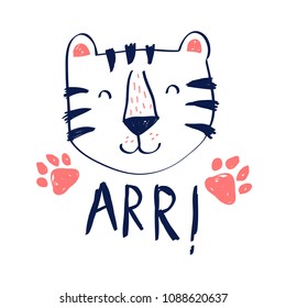 Cute tiger vector illustration for t-shirt design with slogan. Vector illustration design for fashion fabrics, textile graphics, prints.	