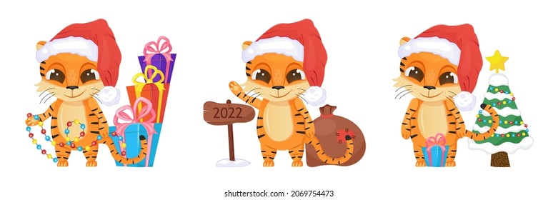 Juego de vectores de tigre mate. Símbolo de feliz Año Nuevo Chino 2022. Divertido tigre con ojos grandes y sombrero santa. Se muestran regalos, garland. Tarjeta de invitación de Navidad. 