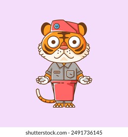 Cute tiger waiter animal kawaii chibi character mascot illustration outline style design set