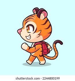 cute tiger walking with backpack cartoon vector