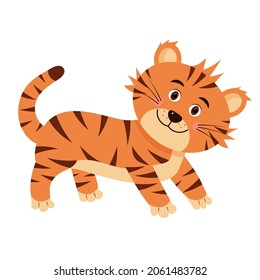 Cute tiger is walking and smiling. Cartoon vector illustration.