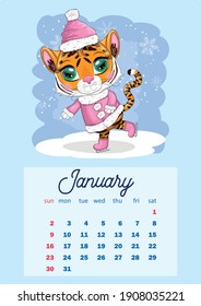 Cute tiger. Wall calendar design template for 2022, Year of the Tiger according to the Chinese calendar, A4 format. Week starts on Sunday
