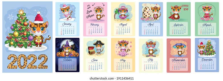 Cute tiger. Wall calendar design template for 2022, Year of the Tiger according to the Chinese calendar, A4 format. Week starts on Sunday