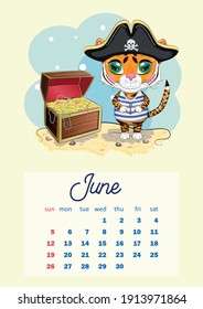 Cute tiger. Wall calendar design template for 2022, Year of the Tiger according to the Chinese calendar, A4 format. Week starts on Sunday