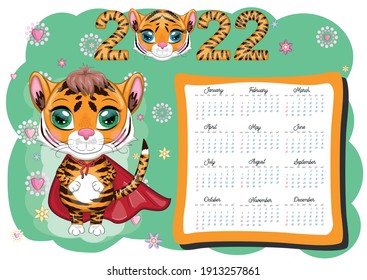 Cute Tiger Wall Kalender Vorlage für 2022, Jahr des Tiger, Chinesischer Kalender, A4. Die Woche beginnt am Sonntag. Cartoon