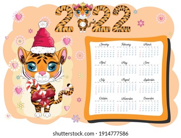 Cute Tiger Wall Calendar Template for 2022, Year of the Tiger, Chinese Calendar, A4. Week starts on Sunday. cartoon