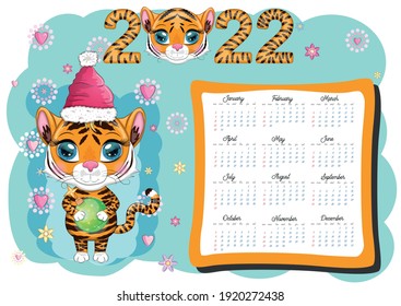 Cute Tiger Wall Calendar Template for 2022, Year of the Tiger, Chinese Calendar, A4. Week starts on Sunday. cartoon