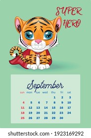 Plantilla de calendario de pared de tigres para 2022, Año del tigre, calendario chino, A4. La semana comienza el domingo. caricatura