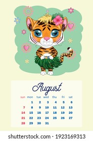 Cute Tiger Wall Calendar Template for 2022, Year of the Tiger, Chinese Calendar, A4. Week starts on Sunday. cartoon