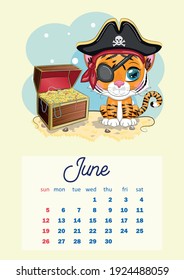 Cute Tiger Wall Calendar Template for 2022, Year of the Tiger, Chinese Calendar, A4. Week starts on Sunday. cartoon