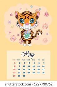 Cute Tiger Wall Calendar Template for 2022, Year of the Tiger, Chinese Calendar, A4. Week starts on Sunday. cartoon