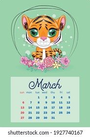Cute Tiger Wall Calendar Template for 2022, Year of the Tiger, Chinese Calendar, A4. Week starts on Sunday. cartoon