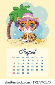 Cute Tiger Wall Calendar Template for 2022, Year of the Tiger, Chinese Calendar, A4. Week starts on Sunday. cartoon