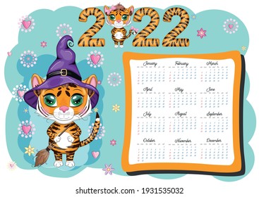 Cute Tiger Wall Calendar Template for 2022, Year of the Tiger, Chinese Calendar, A4. Week starts on Sunday. cartoon