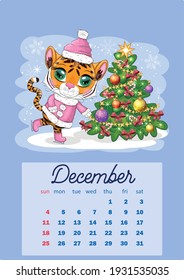 Cute Tiger Wall Calendar Template for 2022, Year of the Tiger, Chinese Calendar, A4. Week starts on Sunday. cartoon