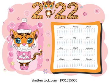 Cute Tiger Wall Calendar Template for 2022, Year of the Tiger, Chinese Calendar, A4. Week starts on Sunday. cartoon