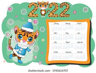 Cute Tiger Wall Calendar Template For 2022, Year Of The Tiger, Chinese Calendar, A4. Week Starts On Sunday. Cartoon