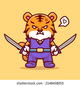 Cute Tiger Warrior Holding Sword Cartoon Vector Icon Illustration. Animal Nature Icon Concept Isolated Premium Vector. Flat Cartoon Style