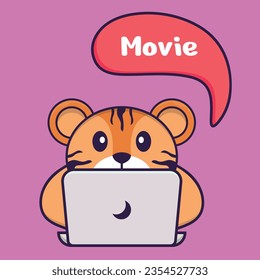 Cute tiger is watching a movie. Animal cartoon concept isolated. Can used for t-shirt, greeting card, invitation card or mascot