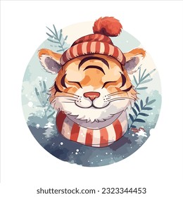 Cute tiger watercolor Christmas illustration