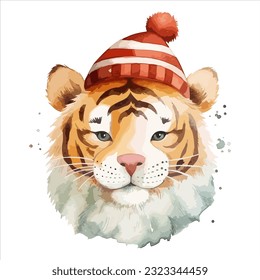 Cute tiger watercolor Christmas illustration