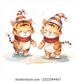 Cute tiger watercolor Christmas illustration