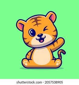 Cute Tiger Waving Hand Cartoon Vector Icon Illustration. Animal Nature Icon Concept Isolated Premium Vector. Flat Cartoon Style