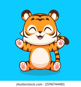 Cute Tiger Waving Hand Cartoon Vector Icon Illustration. Animal Nature Icon Concept Isolated Premium Vector. Flat Cartoon Style