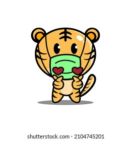 cute tiger wear mask hugging love mini heart.icon character mascot.