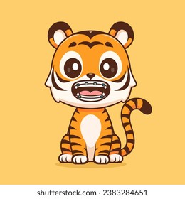 Cute Tiger Wearing Braces Tooth Cartoon Vector Icon 
Illustration. Animal Medical Icon Concept Isolated Premium 
Vector. Flat Cartoon Style