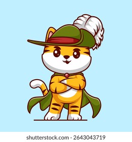 Cute Tiger Wearing Cloak And Hat Cartoon Vector Icon Illustration. Animal Holiday Icon Concept Isolated Premium Vector. Flat Cartoon Style