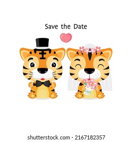 cute Tiger wearing costumes of bride and groom vector illustration.