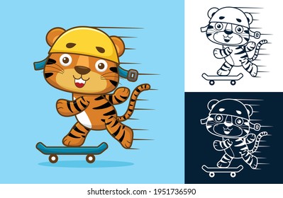 Cute tiger wearing helmet playing skateboard. Vector cartoon illustration in flat icon style