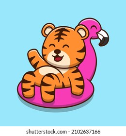 Cute tiger wearing inflatable flamingo swimming balloon cartoon icon illustration