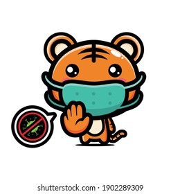 cute tiger wearing a mask with a virus stop pose