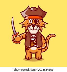 cute tiger wearing pirate halloween costume, suitable for Halloween t-shirt designs or cute pirate animal pictures and also as key chain or stickers