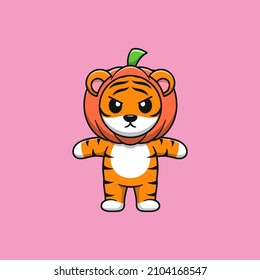 Cute tiger wearing pumpkin helmet cartoon vector icon illustration. Flat cartoon style.