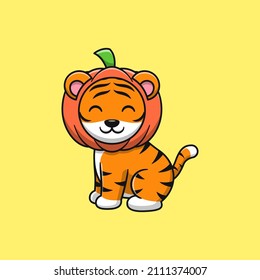 Cute tiger wearing pumpkin helmet. Flat cartoon illustration